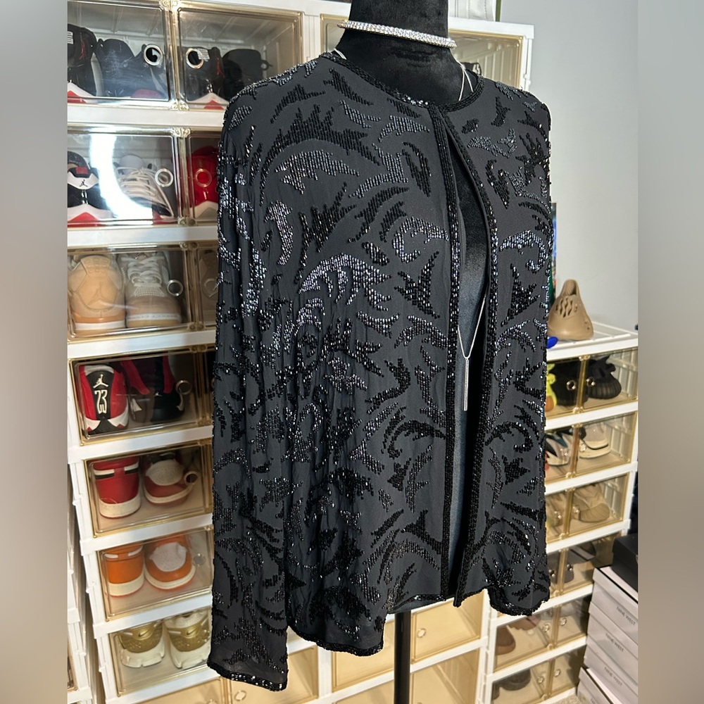 Doncaster‎ Silk Black Beaded vintage cardigan Jacket Size 14 - Picture 7 of 11